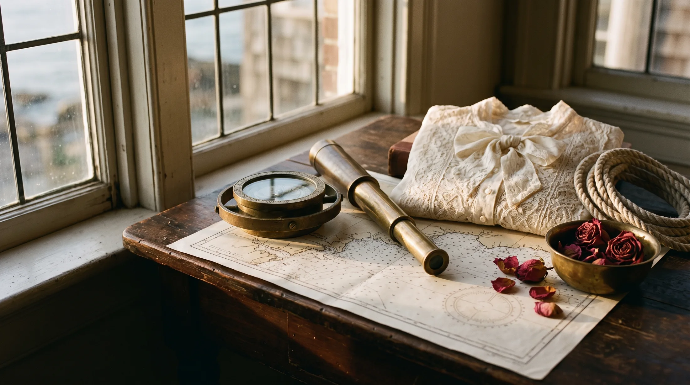 A captain's chart table at golden hour: a brass compass and spyglass on a sea chart, a folded cream lace blouse and dried roses beside them.